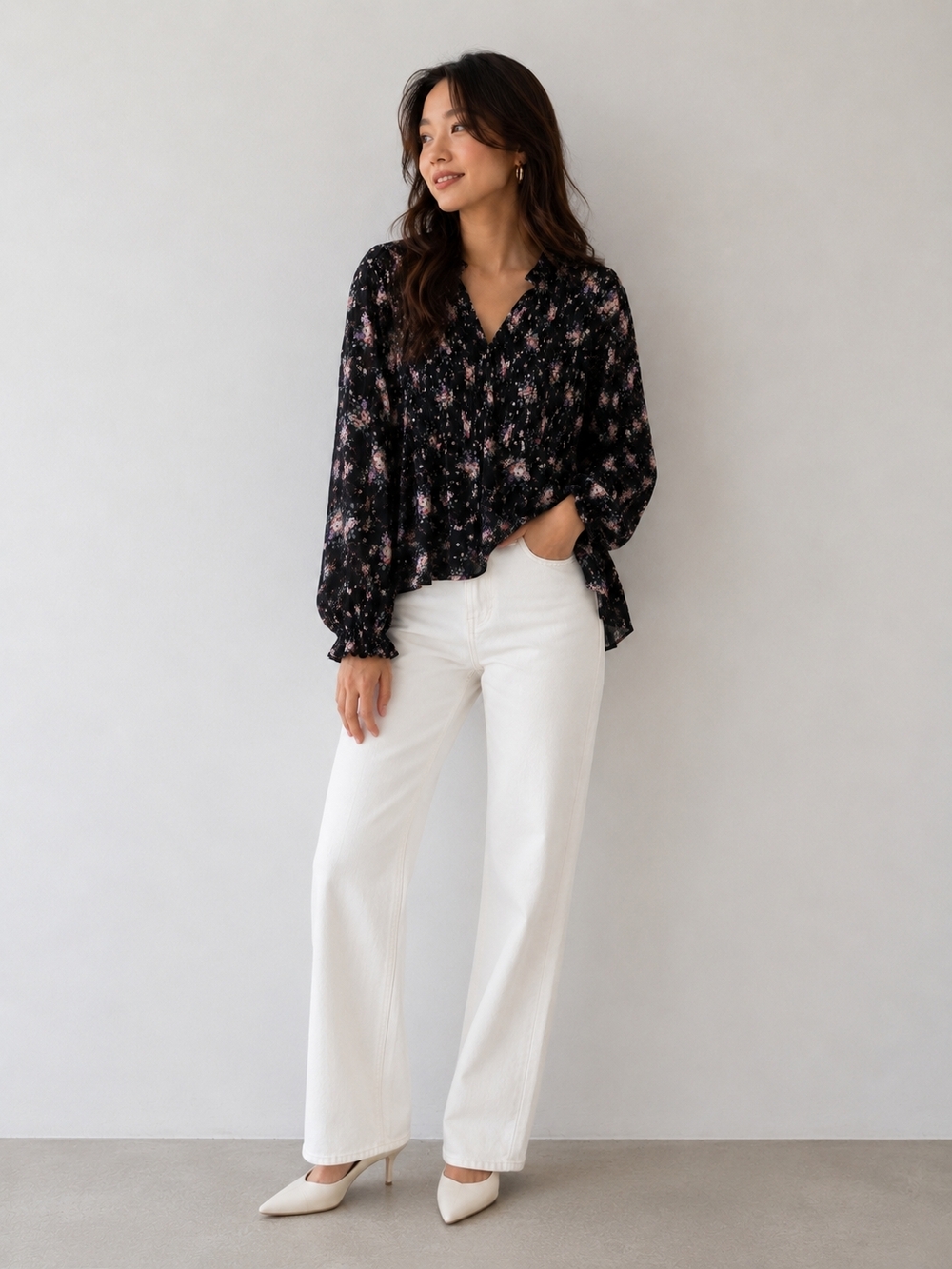 BiBi Black Floral Button-Front Blouse